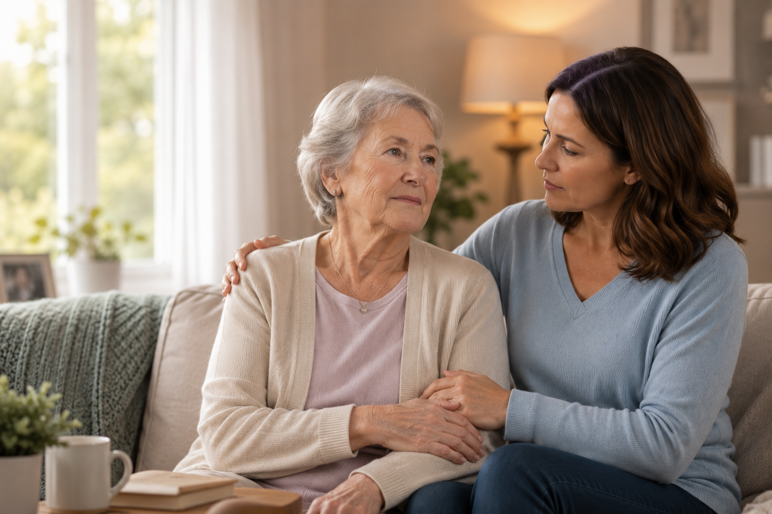 An adult child checking in on and supporting their aging parent at home